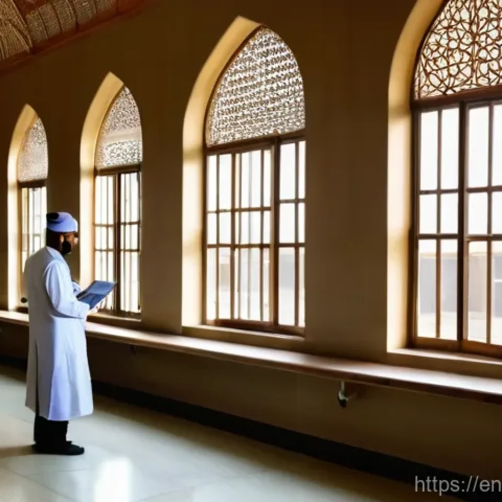 이슬람의 의학적 기여 - **Prompt:** A bustling, sunlit interior of a grand Bimaristan (Islamic hospital) from the 9th centur...