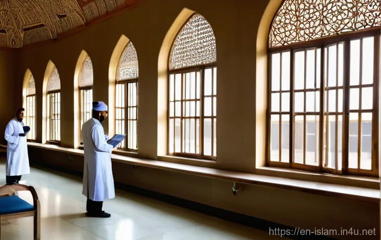 이슬람의 의학적 기여 - **Prompt:** A bustling, sunlit interior of a grand Bimaristan (Islamic hospital) from the 9th centur...