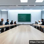 이슬람 종교 개혁 - A diverse group of modern Muslim scholars and reformers engaged in a lively academic debate in a con...