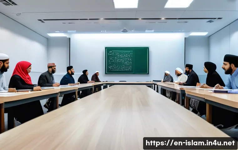 이슬람 종교 개혁 - A diverse group of modern Muslim scholars and reformers engaged in a lively academic debate in a con...