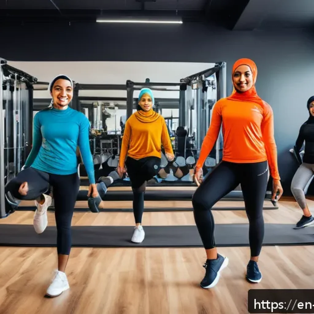 무슬림 여성 운동 - A diverse group of women exercising in a bright, modern women-only gym, all wearing modest activewea...