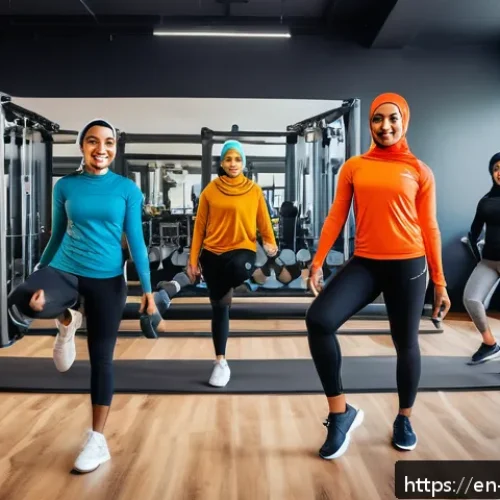 무슬림 여성 운동 - A diverse group of women exercising in a bright, modern women-only gym, all wearing modest activewea...