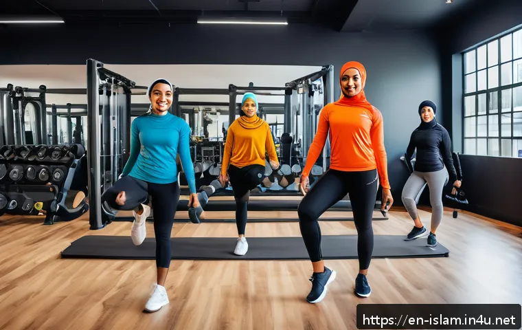 무슬림 여성 운동 - A diverse group of women exercising in a bright, modern women-only gym, all wearing modest activewea...