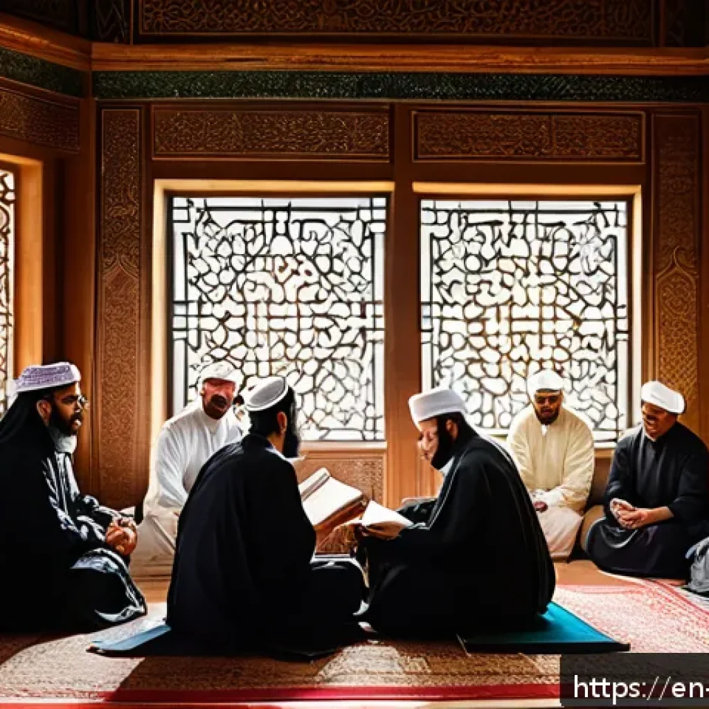 이슬람 율법 샤리아 - A diverse group of Muslim scholars and community leaders engaged in a lively discussion inside a tra...