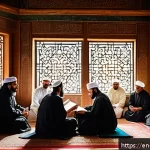 이슬람 율법 샤리아 - A diverse group of Muslim scholars and community leaders engaged in a lively discussion inside a tra...