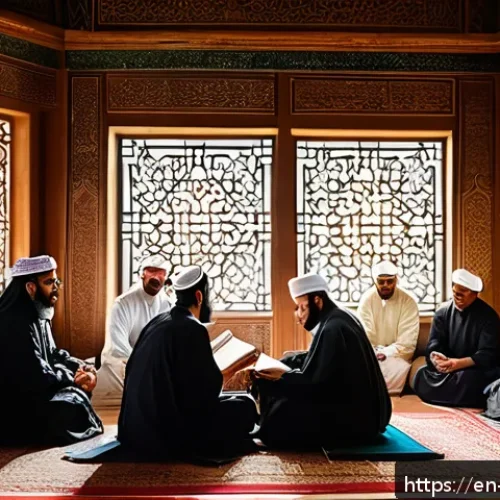 이슬람 율법 샤리아 - A diverse group of Muslim scholars and community leaders engaged in a lively discussion inside a tra...