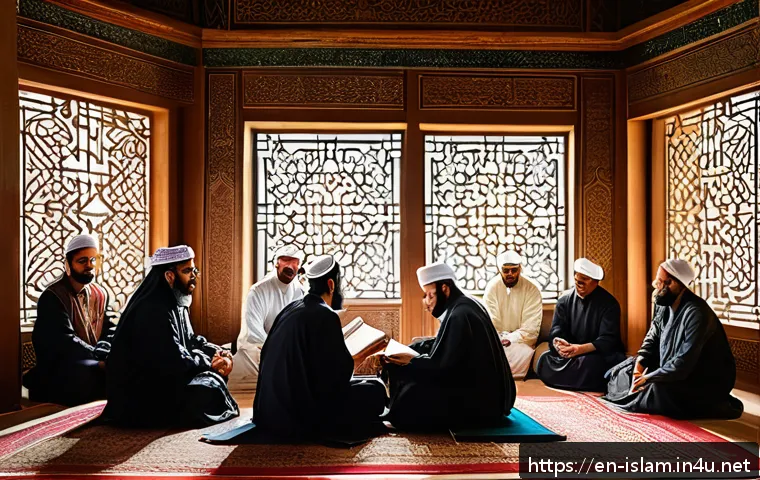 이슬람 율법 샤리아 - A diverse group of Muslim scholars and community leaders engaged in a lively discussion inside a tra...
